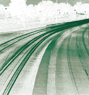 Light trails from traffic on a curving highway at night, rendered as a green dither