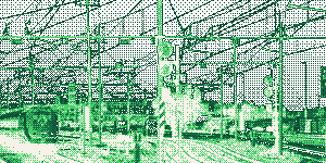 Parallel rail tracks converging toward the horizon, rendered as a green dither