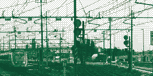 Parallel rail tracks converging toward the horizon, rendered as a green dither